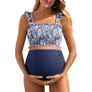 imageSummer Mae Maternity High Waist Bikini Swimsuit Two Piece Ruffled Hem Cute Bathing Suit Floral Pregnancy SwimwearDewdrop Blooms