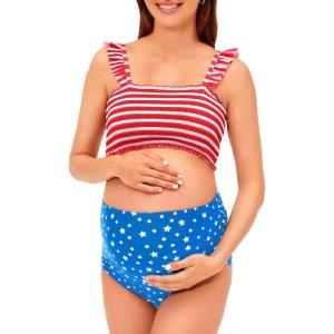 imageSummer Mae Maternity High Waist Bikini Swimsuit Two Piece Ruffled Hem Cute Bathing Suit Floral Pregnancy SwimwearFlag
