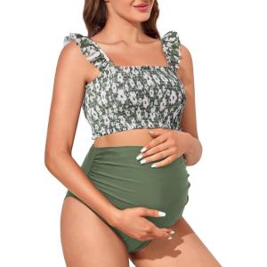 imageSummer Mae Maternity High Waist Bikini Swimsuit Two Piece Ruffled Hem Cute Bathing Suit Floral Pregnancy SwimwearGarden Veil Bliss