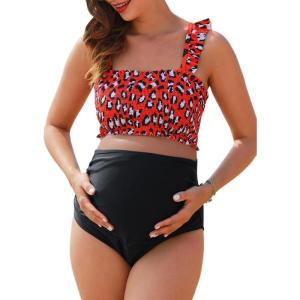 imageSummer Mae Maternity High Waist Bikini Swimsuit Two Piece Ruffled Hem Cute Bathing Suit Floral Pregnancy SwimwearRed Leopard