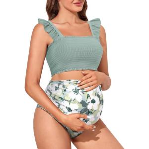 imageSummer Mae Maternity High Waist Bikini Swimsuit Two Piece Ruffled Hem Cute Bathing Suit Floral Pregnancy SwimwearSolitary Silhouette Bloom