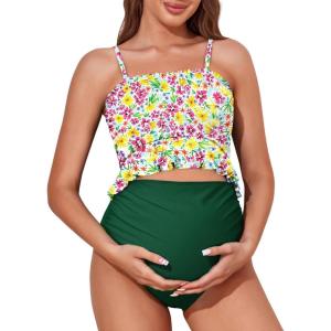 imageSummer Mae Maternity High Waist Swimsuit Ruffle Hem Bikini Bathing Suit Shirred Bandeau Two Piece Pregnancy SwimwearGreen Fuchsia Flowers