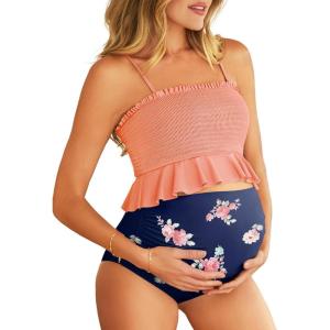 imageSummer Mae Maternity High Waist Swimsuit Ruffle Hem Bikini Bathing Suit Shirred Bandeau Two Piece Pregnancy SwimwearOrange Flower