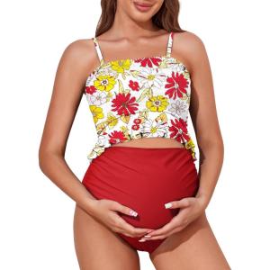 imageSummer Mae Maternity High Waist Swimsuit Ruffle Hem Bikini Bathing Suit Shirred Bandeau Two Piece Pregnancy SwimwearRed Yellow Flowers