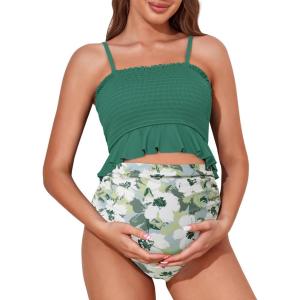 imageSummer Mae Maternity High Waist Swimsuit Ruffle Hem Bikini Bathing Suit Shirred Bandeau Two Piece Pregnancy SwimwearSolitary Silhouette Bloom