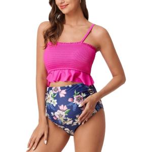 imageSummer Mae Maternity High Waist Swimsuit Ruffle Hem Bikini Bathing Suit Shirred Bandeau Two Piece Pregnancy SwimwearViolet Blossom