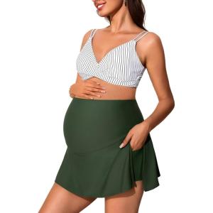 imageSummer Mae Maternity Swim Dress TwoPiece Bikini Swimsuit Pregnancy Bathing Suit with PocketsWhite Verticals