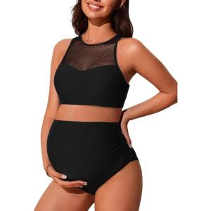 imageSummer Mae Mesh Maternity Bikini Two Piece Pregnancy Swimsuits Ruched High Waisted Bathing Suit Patchwork SwimwearBlack