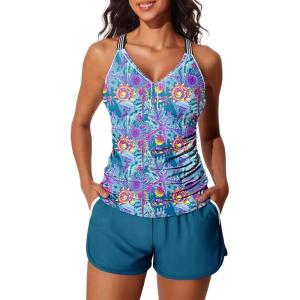 imageSummer Mae Modest Tankini Swimsuits for Women 2025 Two Piece Bathing Suits with Sporty Pockets Boy Shorts for Tummy ControlMirage Blue