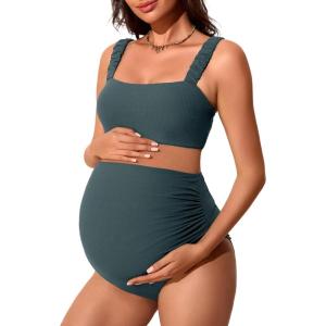 imageSummer Mae Ribbed Maternity Bikini Swimsuit for Women High Waisted TwoPiece Bathing Suit Crop Top Pregnancy SwimwearBalsam Green