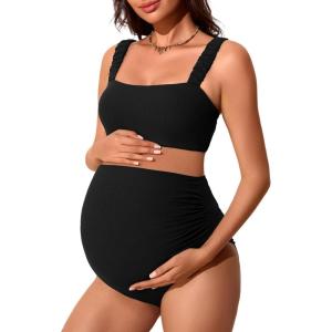imageSummer Mae Ribbed Maternity Bikini Swimsuit for Women High Waisted TwoPiece Bathing Suit Crop Top Pregnancy SwimwearBlack