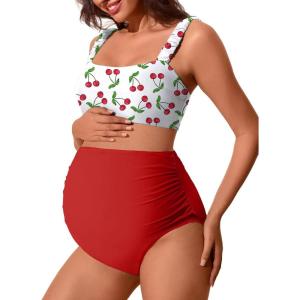 imageSummer Mae Ribbed Maternity Bikini Swimsuit for Women High Waisted TwoPiece Bathing Suit Crop Top Pregnancy SwimwearCutie Cherry