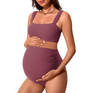 imageSummer Mae Ribbed Maternity Bikini Swimsuit for Women High Waisted TwoPiece Bathing Suit Crop Top Pregnancy SwimwearMarsala