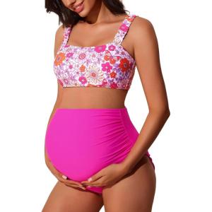 imageSummer Mae Ribbed Maternity Bikini Swimsuit for Women High Waisted TwoPiece Bathing Suit Crop Top Pregnancy SwimwearPink Floral