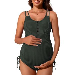 imageSummer Mae Ribbed Maternity Swimsuit One Piece Buttons Pregnancy Bathing Suit Ruched Side Drawstring SwimwearBalsam Green