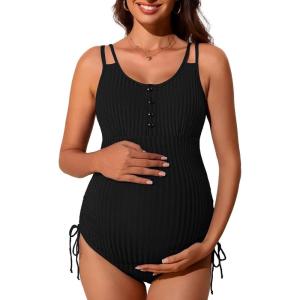 imageSummer Mae Ribbed Maternity Swimsuit One Piece Buttons Pregnancy Bathing Suit Ruched Side Drawstring SwimwearBlack