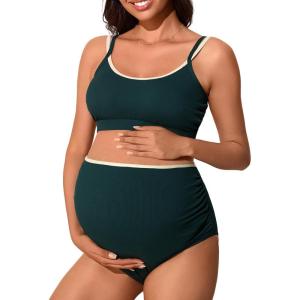imageSummer Mae Ribbed Maternity Swimsuit TwoPiece Sporty Bikini Color Block Pregnancy Bathing Suit High Waisted Ruched SwimwearSacramento