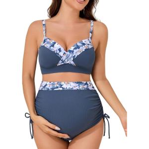 imageSummer Mae Ribbed Maternity Swimsuit TwoPiece Wrap Bikini Color Block Pregnancy Bathing Suit High Waisted Ruched SwimwearDewdrop Blooms