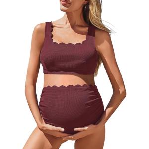 imageSummer Mae Scalloped Maternity Swimsuits for Women High Waist Bathing Suit Pregnancy TwoPiece Bikini Tie Knot SwimwearBurgundy
