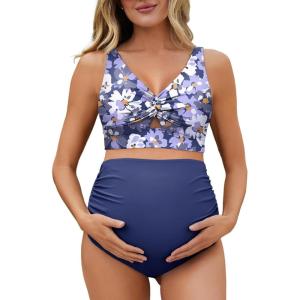 imageSummer Mae Twist Maternity Bikini Two Piece Pregnancy Swimsuits Cutout Bathing Suit High Waisted Ruched SwimwearDewdrop Blooms