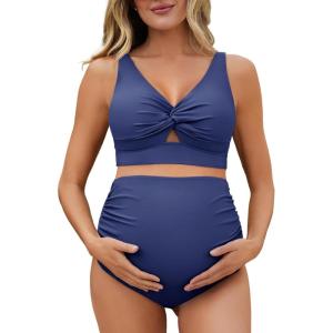 imageSummer Mae Twist Maternity Bikini Two Piece Pregnancy Swimsuits Cutout Bathing Suit High Waisted Ruched SwimwearForest