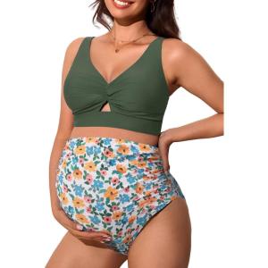 imageSummer Mae Twist Maternity Bikini Two Piece Pregnancy Swimsuits Cutout Bathing Suit High Waisted Ruched SwimwearGreen Floral