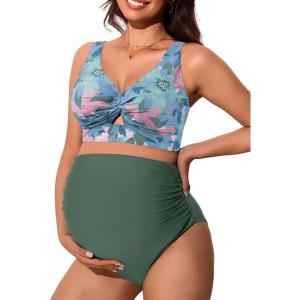 imageSummer Mae Twist Maternity Bikini Two Piece Pregnancy Swimsuits Cutout Bathing Suit High Waisted Ruched SwimwearGreen Leaves
