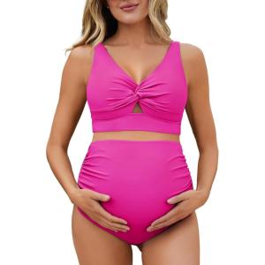 imageSummer Mae Twist Maternity Bikini Two Piece Pregnancy Swimsuits Cutout Bathing Suit High Waisted Ruched SwimwearHot Pink