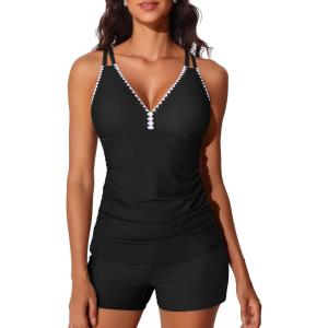 imageSummer Mae VNeck Women Tankini Swimsuits TwoPiece with Side Pockets Swim Shorts 2025 TieBack Straps Bathing SuitsBlack
