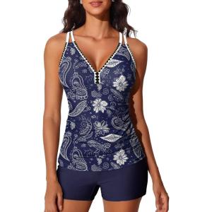 imageSummer Mae VNeck Women Tankini Swimsuits TwoPiece with Side Pockets Swim Shorts 2025 TieBack Straps Bathing SuitsDeep Sea Floral Dance