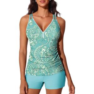 imageSummer Mae VNeck Women Tankini Swimsuits TwoPiece with Side Pockets Swim Shorts 2025 TieBack Straps Bathing SuitsOcean Blue
