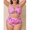 imageSummer Mae Plus Size Swimsuit for Women Halter Bikini Top Shell Stitched Two Piece High Waist Bathing Suit Sexy SwimwearPink Rainforest