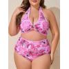 imageSummer Mae Plus Size Swimsuit for Women Halter Bikini Top Shell Stitched Two Piece High Waist Bathing Suit Sexy SwimwearPink Rainforest