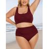 imageSummer Mae Plus Size Women Ribbed Bikini Set Two Piece High Waist Swimsuit Scoop Top Tummy Control Bathing Suit SwimwearBurgundy
