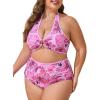 imageSummer Mae Plus Size Swimsuit for Women Halter Bikini Top Shell Stitched Two Piece High Waist Bathing Suit Sexy SwimwearPink Rainforest