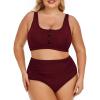 imageSummer Mae Plus Size Women Ribbed Bikini Set Two Piece High Waist Swimsuit Scoop Top Tummy Control Bathing Suit SwimwearBurgundy