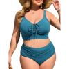 imageSummer Mae Plus Size Women Ribbed Two Piece Bikini High Waist Swimsuit Ruched Tummy Control Bathing Suit SwimwearBlue Green