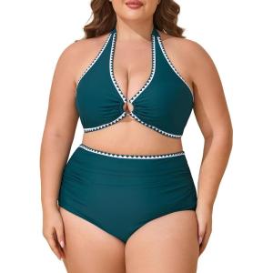 imageSummer Mae Plus Size Swimsuit for Women Halter Bikini Top Shell Stitched Two Piece High Waist Bathing Suit Sexy SwimwearPeacock Blue