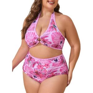 imageSummer Mae Plus Size Swimsuit for Women Halter Bikini Top Shell Stitched Two Piece High Waist Bathing Suit Sexy SwimwearPink Rainforest