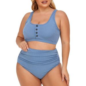imageSummer Mae Plus Size Women Ribbed Bikini Set Two Piece High Waist Swimsuit Scoop Top Tummy Control Bathing Suit SwimwearBaby Blue