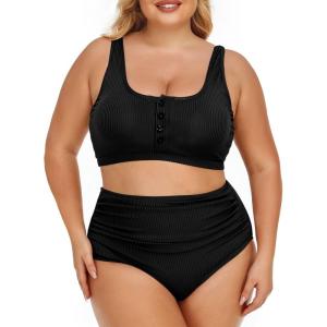 imageSummer Mae Plus Size Women Ribbed Bikini Set Two Piece High Waist Swimsuit Scoop Top Tummy Control Bathing Suit SwimwearBlack