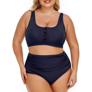 imageSummer Mae Plus Size Women Ribbed Bikini Set Two Piece High Waist Swimsuit Scoop Top Tummy Control Bathing Suit SwimwearBlue Black