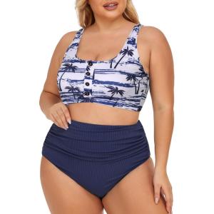 imageSummer Mae Plus Size Women Ribbed Bikini Set Two Piece High Waist Swimsuit Scoop Top Tummy Control Bathing Suit SwimwearBlue Coconut Shadow
