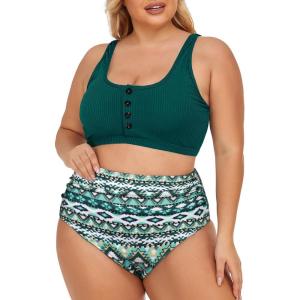 imageSummer Mae Plus Size Women Ribbed Bikini Set Two Piece High Waist Swimsuit Scoop Top Tummy Control Bathing Suit SwimwearGreen Rhythm