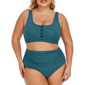 imageSummer Mae Plus Size Women Ribbed Bikini Set Two Piece High Waist Swimsuit Scoop Top Tummy Control Bathing Suit SwimwearLagoon