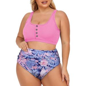 imageSummer Mae Plus Size Women Ribbed Bikini Set Two Piece High Waist Swimsuit Scoop Top Tummy Control Bathing Suit SwimwearPeach Blossoms