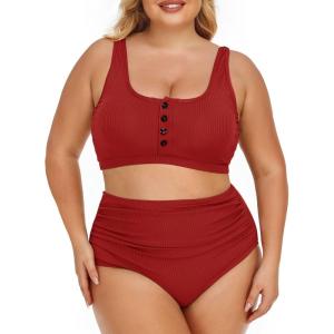 imageSummer Mae Plus Size Women Ribbed Bikini Set Two Piece High Waist Swimsuit Scoop Top Tummy Control Bathing Suit SwimwearRuby