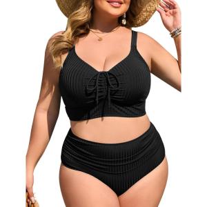 imageSummer Mae Plus Size Women Ribbed Two Piece Bikini High Waist Swimsuit Ruched Tummy Control Bathing Suit SwimwearBlack