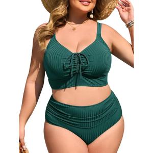imageSummer Mae Plus Size Women Ribbed Two Piece Bikini High Waist Swimsuit Ruched Tummy Control Bathing Suit SwimwearDark Green