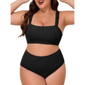 imageSummer Mae Ribbed Plus Size Swimsuit for Women Bikini Set Two Piece High Waist Bathing Suit Crop Top Tummy Control SwimwearBlack